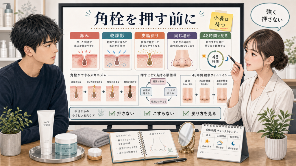 角栓を押し出す前の赤みと戻り方を整理する相談型アイキャッチ