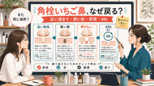 角栓によるいちご鼻の白い詰まり、黒い影、摩擦、48時間の戻り方を整理する相談ボード