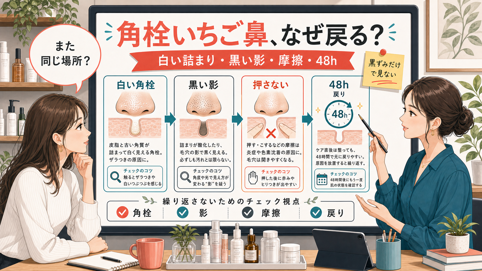 角栓によるいちご鼻の白い詰まり、黒い影、摩擦、48時間の戻り方を整理する相談ボード