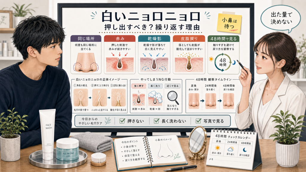 毛穴の白いニョロニョロと押し出しループを整理する相談型アイキャッチ