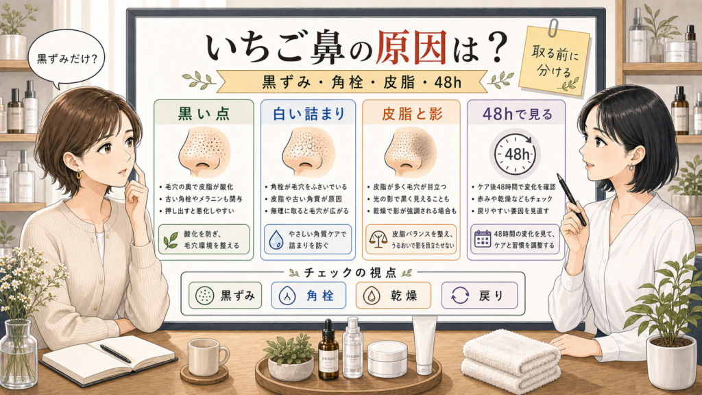 1433基準の相談ボードでいちご鼻の原因を黒ずみ・角栓・皮脂・48時間の戻りから見分けるアイキャッチ