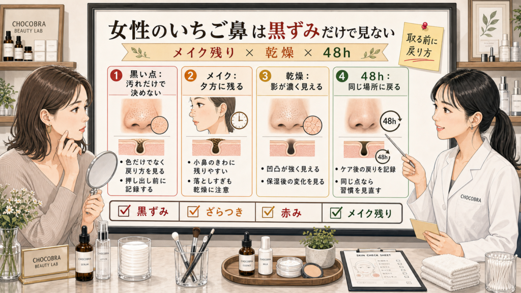女性のいちご鼻は黒ずみだけで決めない夜ケア