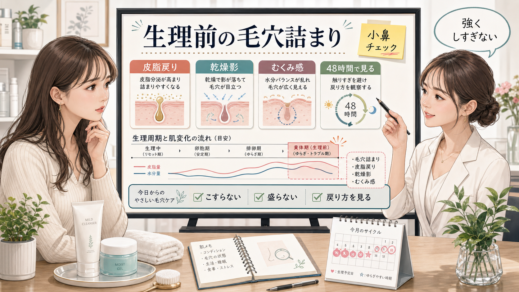 生理前の毛穴詰まりと小鼻の皮脂戻りを整理する相談型アイキャッチ