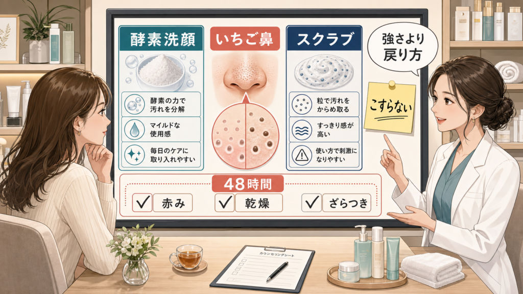 酵素洗顔とスクラブの違いをいちご鼻の48時間チェックで整理する相談ボード