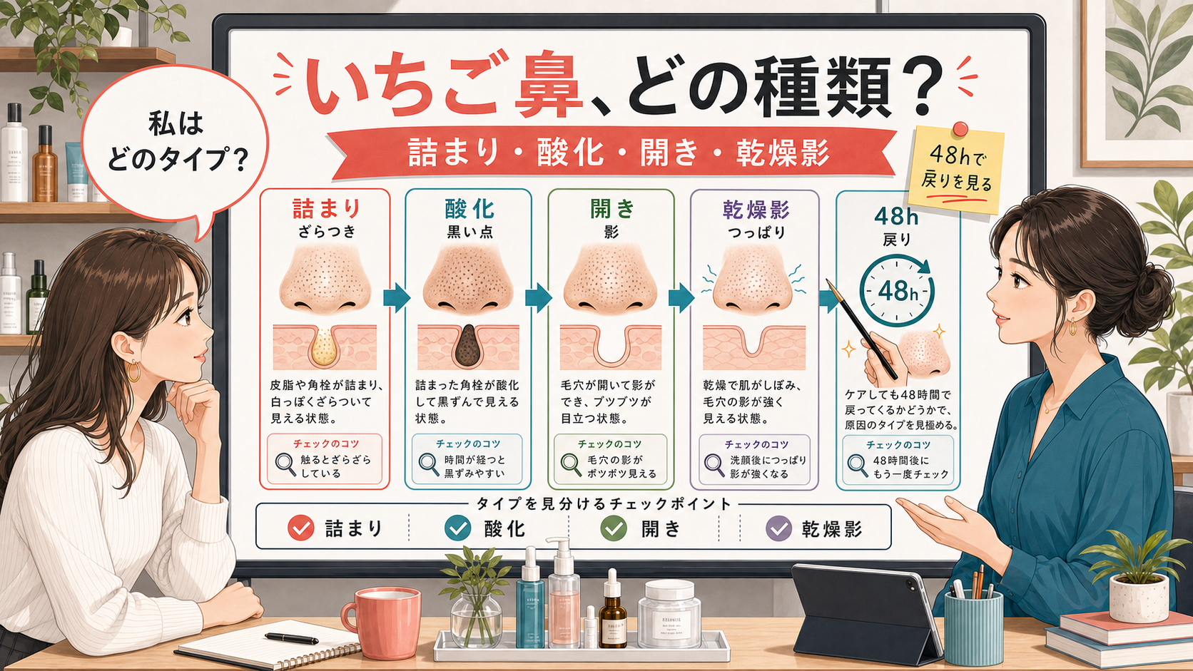 いちご鼻の種類を詰まり酸化開き乾燥影と48時間の戻りで見分ける図解