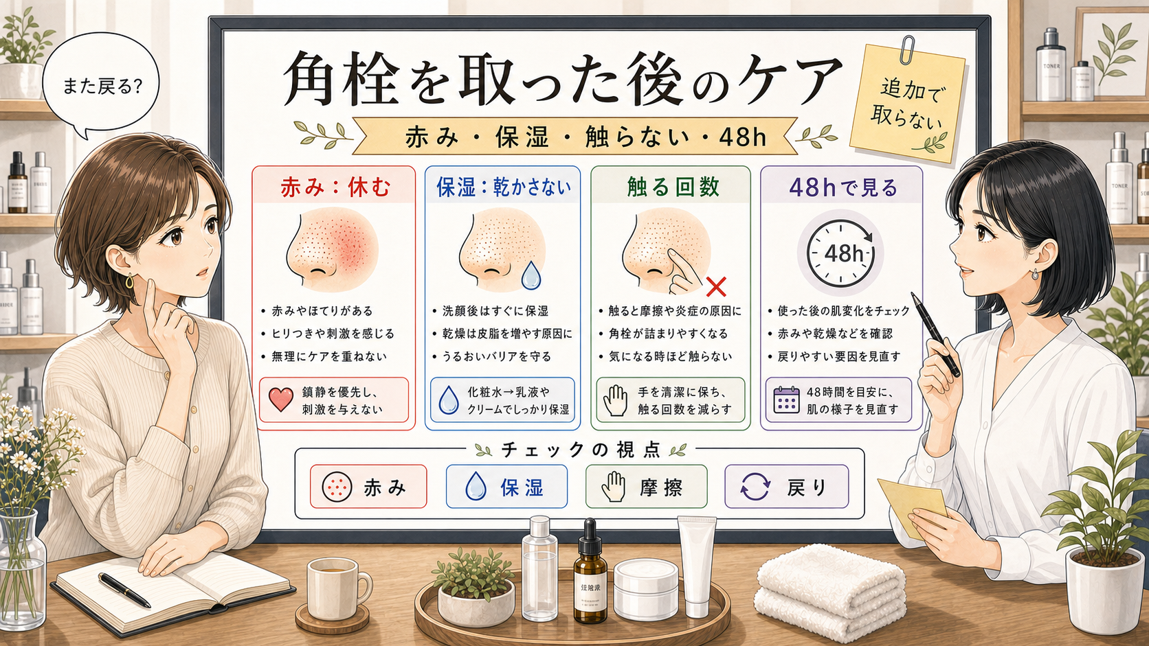 1433基準の相談ボードで角栓を取った後のケアを赤み・保湿・摩擦・48時間の戻りから見分けるアイキャッチ