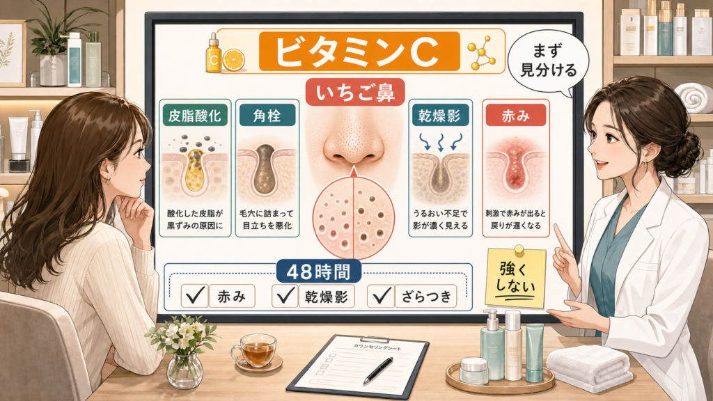 いちご鼻にビタミンCを使う前に皮脂酸化や乾燥影を見分ける相談ボード