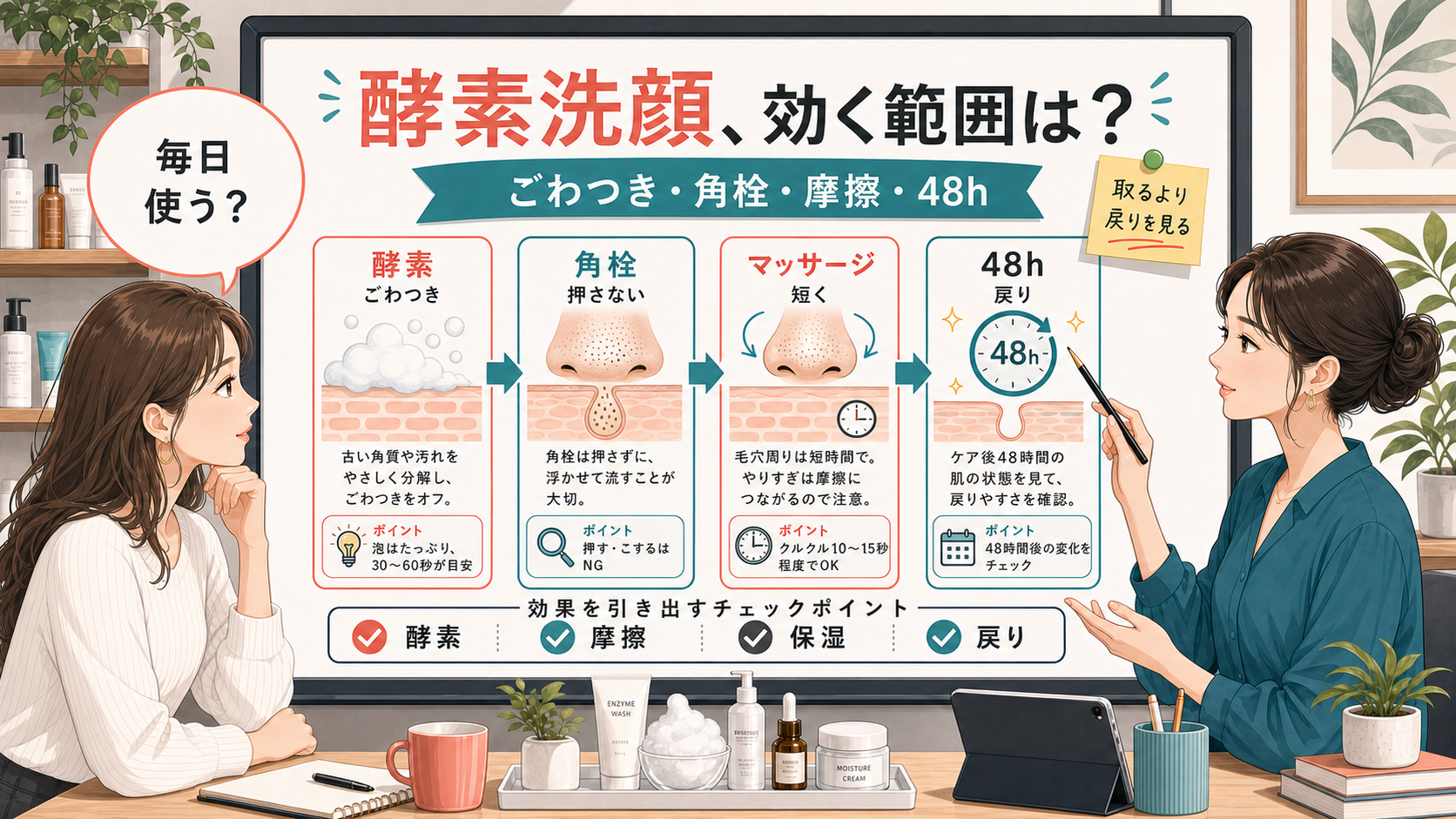 酵素洗顔の効果と毛穴マッサージの使い分けを48時間の戻りで見分ける図解