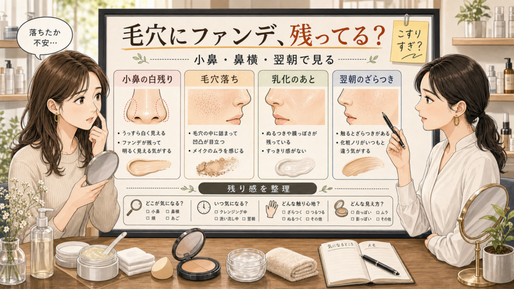 毛穴に詰まったファンデーションの残り感を小鼻と翌朝で整理する美容相談ボード