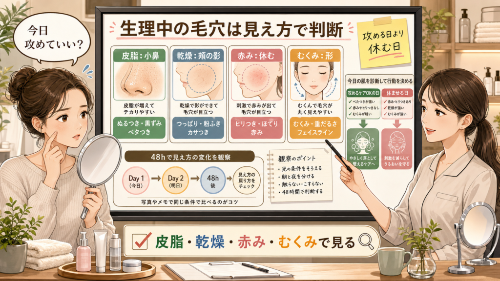 生理中に目立つ毛穴を皮脂・乾燥・赤み・むくみで判断する女性向け毛穴ケア診断ボード
