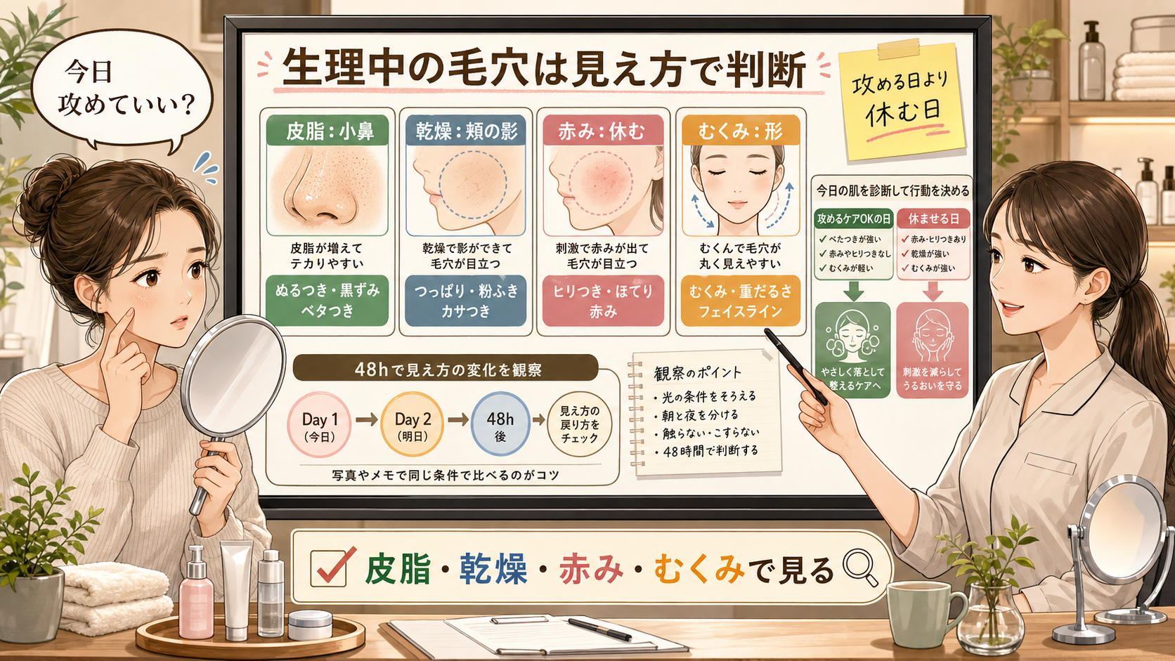 生理中に目立つ毛穴を皮脂・乾燥・赤み・むくみで判断する女性向け毛穴ケア診断ボード