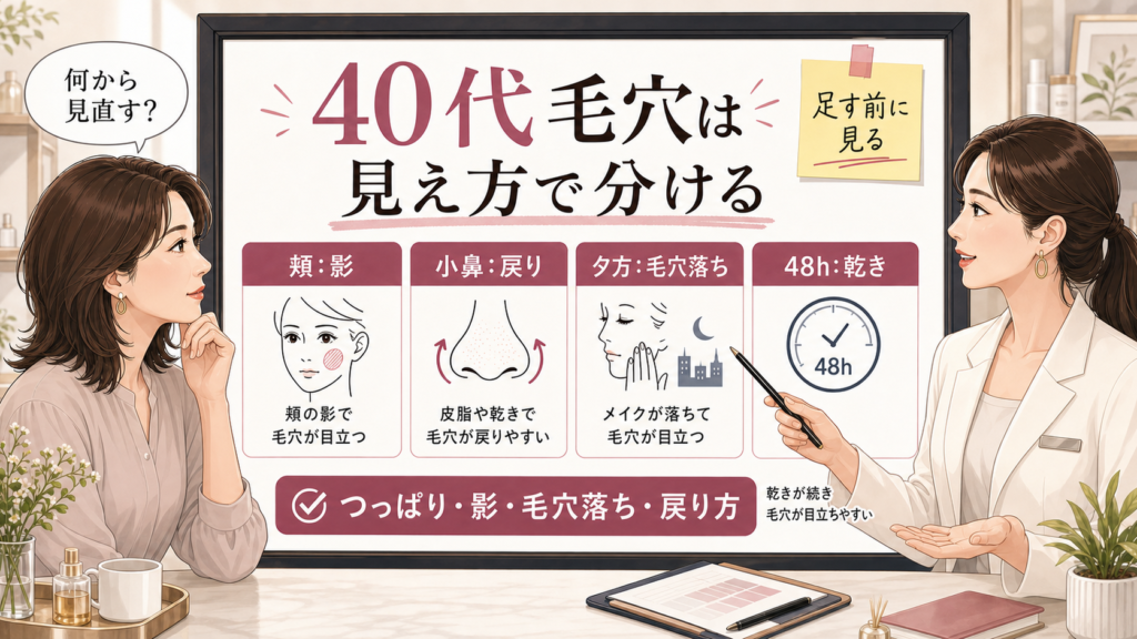 40代女性の毛穴ケアで頬の影・小鼻の戻り・夕方の毛穴落ち・48時間の乾きを見分ける診断ボード