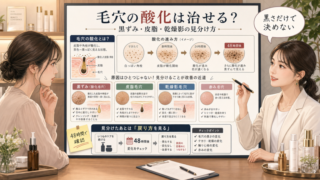 毛穴の酸化による黒ずみ、皮脂、角栓、乾燥影、赤み、48時間後の戻り方を相談ボードで整理する女性と美容アドバイザーのイラスト
