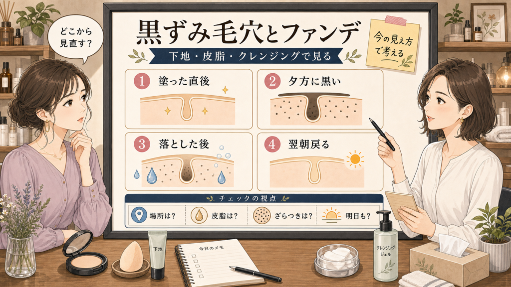 黒ずみ毛穴とファンデーション残りを下地・皮脂・クレンジングで見直すChocobraイラスト相談ボード