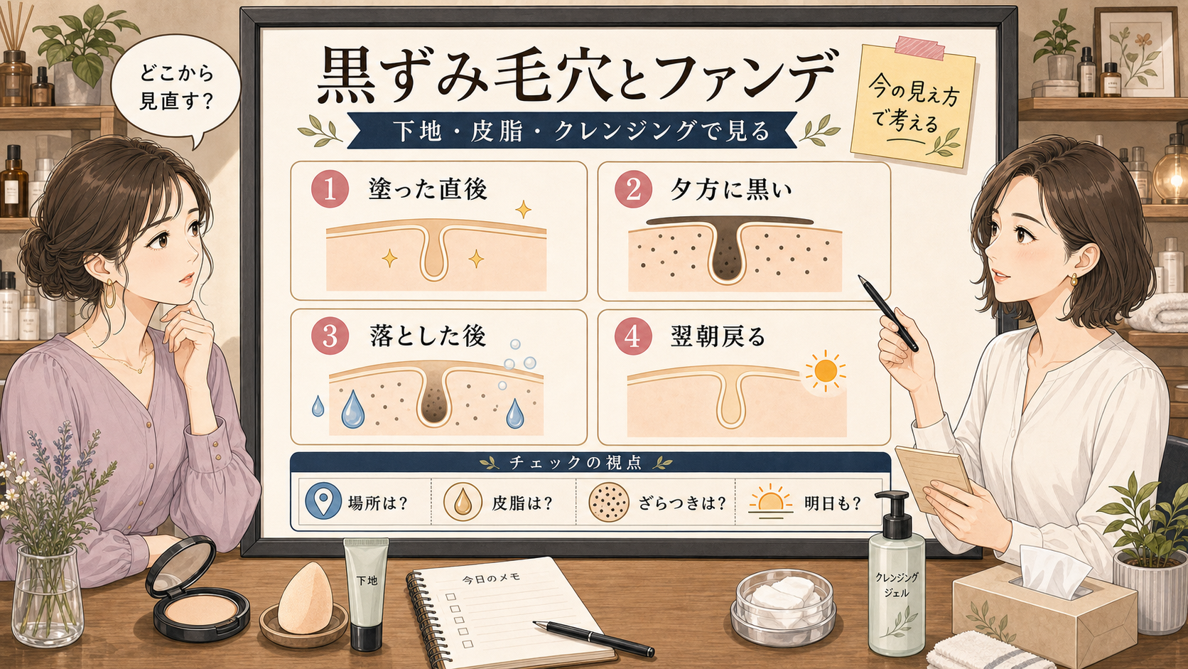 黒ずみ毛穴とファンデーション残りを下地・皮脂・クレンジングで見直すChocobraイラスト相談ボード