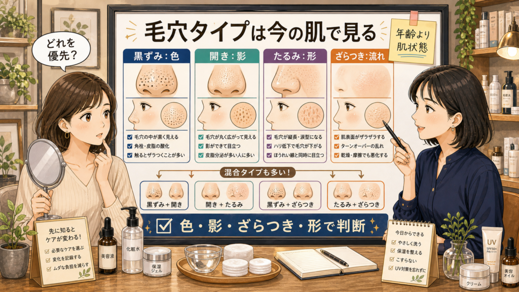 黒ずみ・開き・たるみ・ざらつきを色、影、形で見分ける女性向け毛穴ケア診断ボード