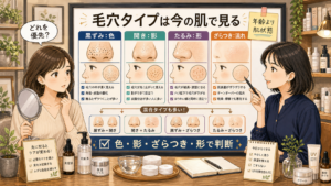 黒ずみ・開き・たるみ・ざらつきを色、影、形で見分ける女性向け毛穴ケア診断ボード