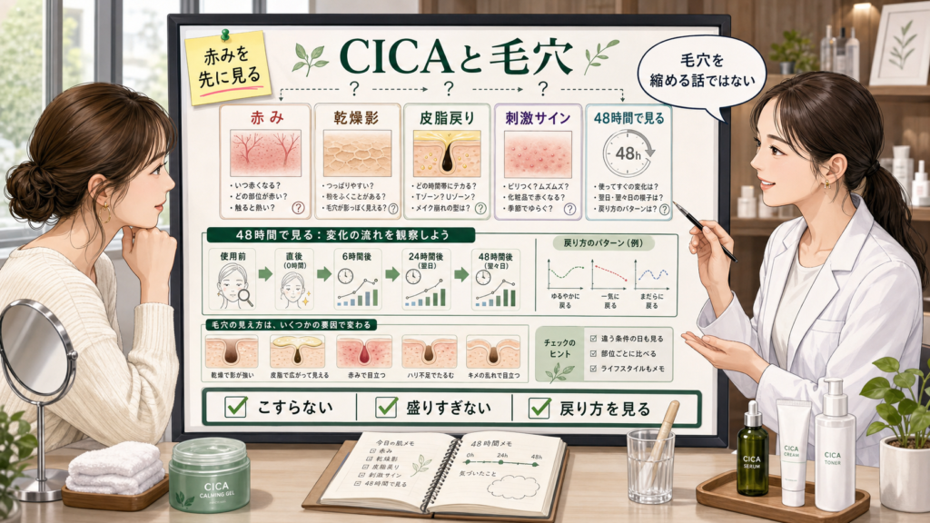 CICAと毛穴の赤み・乾燥影・皮脂戻りを48時間で見る相談ボード