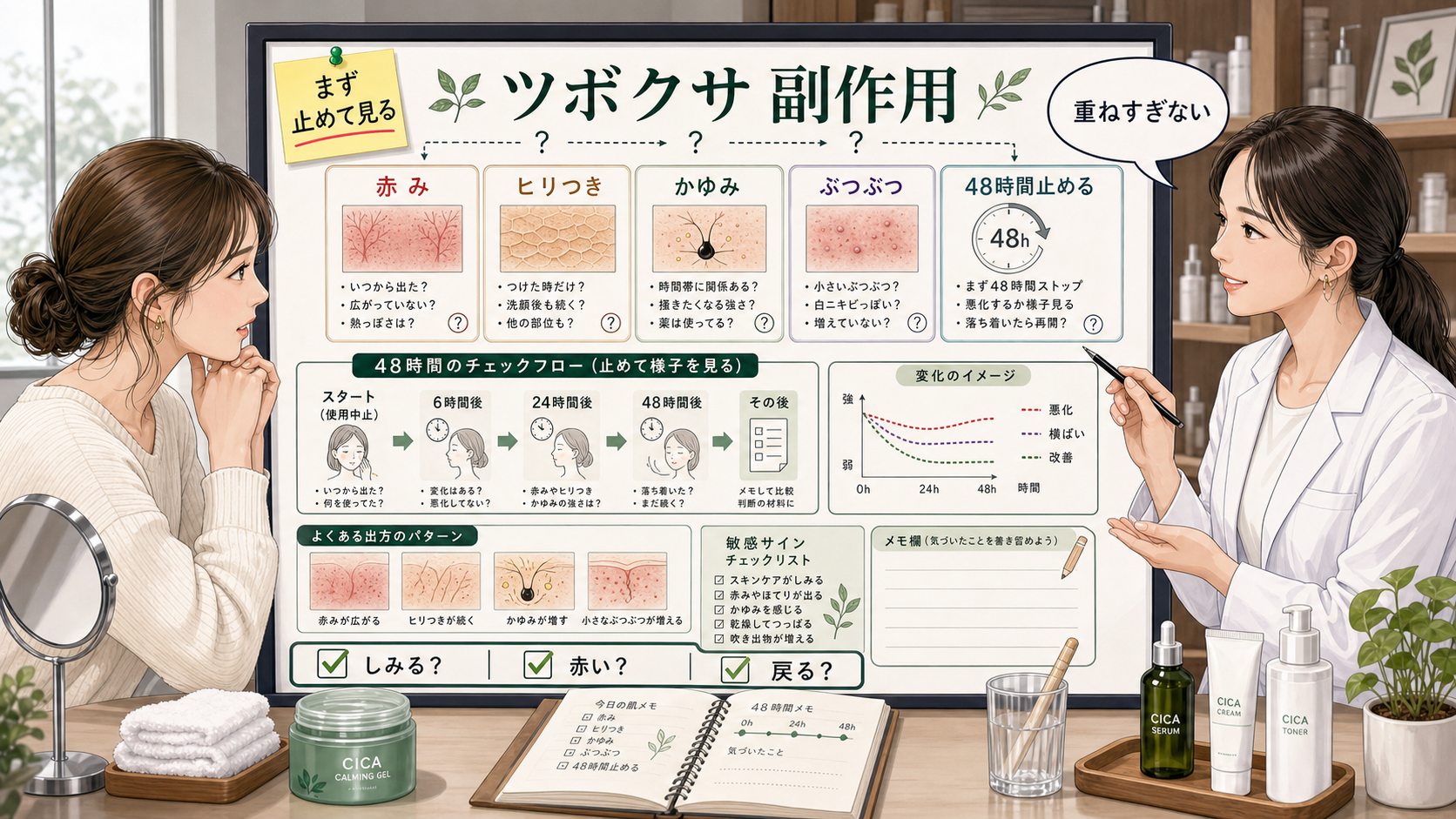 ツボクサやCICAの副作用サインを赤み・ヒリつき・かゆみ・48時間で見る相談ボード