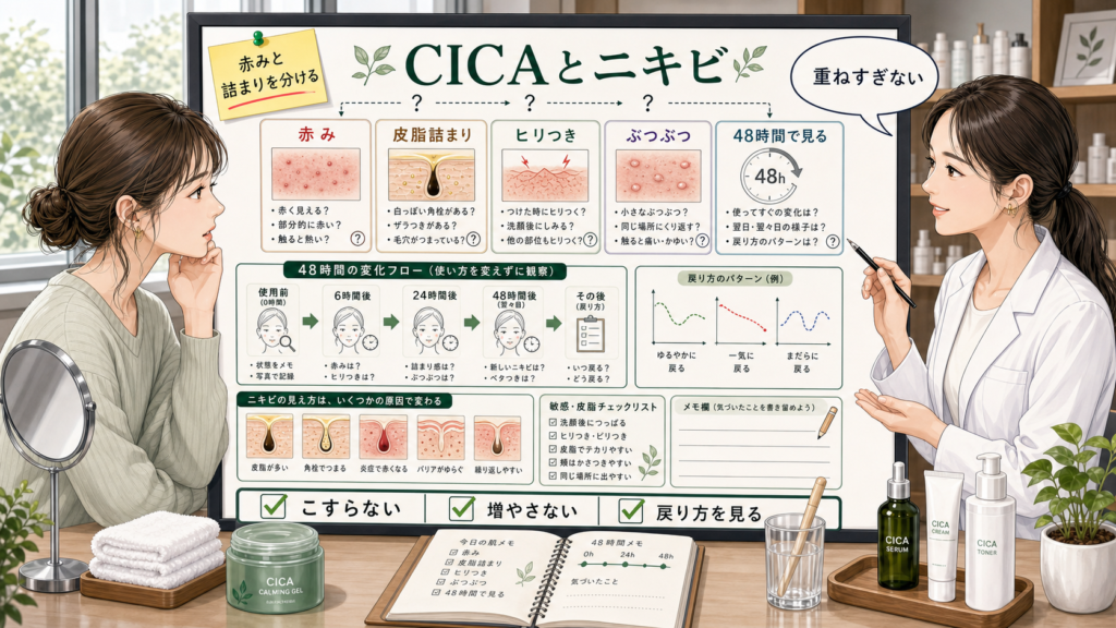 CICAとニキビの赤み・皮脂詰まり・ヒリつき・48時間後の戻り方を見る相談ボード