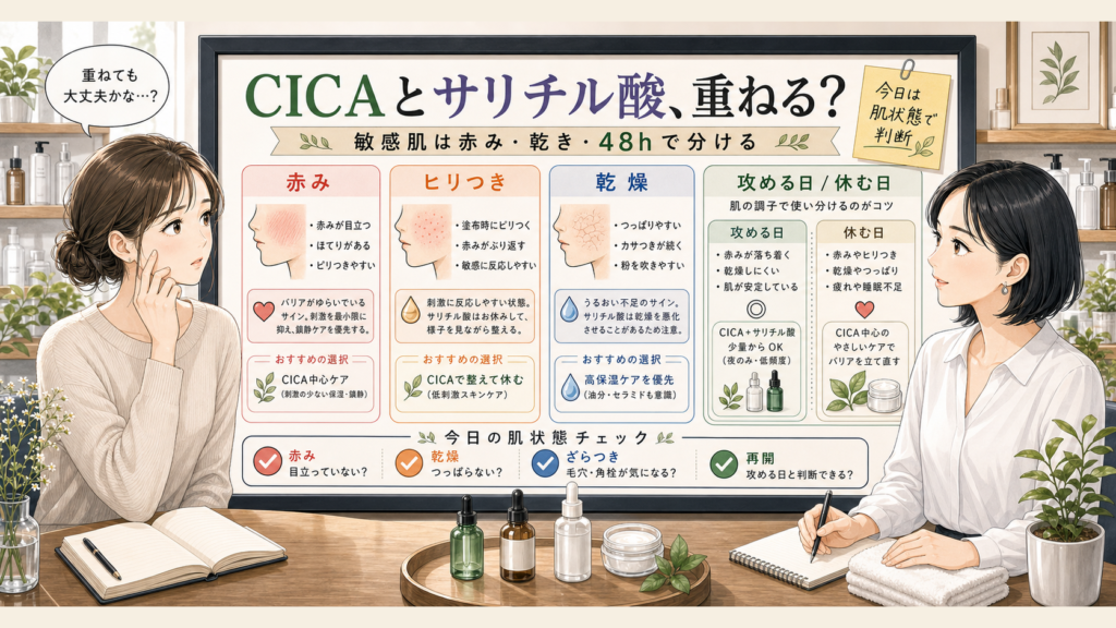 CICAとサリチル酸を敏感肌の赤み乾き48時間で見る判断マップ
