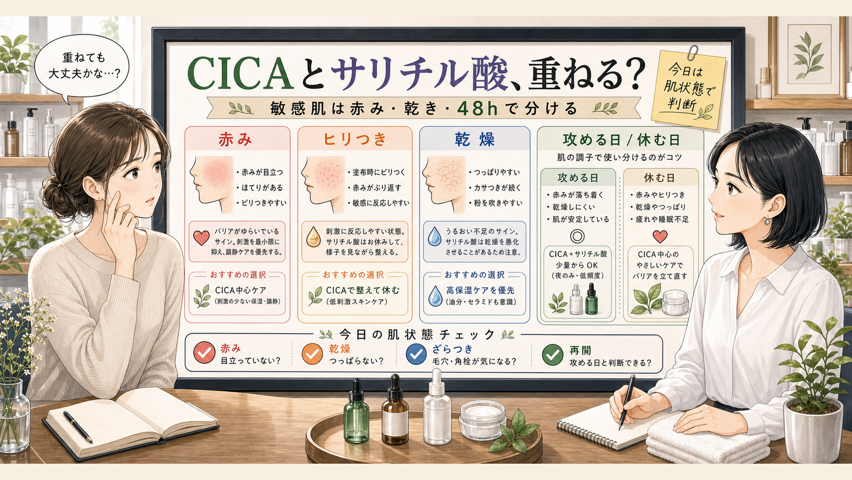 CICAとサリチル酸を敏感肌の赤み乾き48時間で見る判断マップ