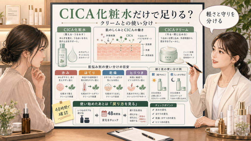 CICA化粧水とCICAクリームの使い分け、赤み、ほてり、乾燥、ヒリつき、48時間後の戻り方を相談ボードで整理する女性と美容アドバイザーのイラスト