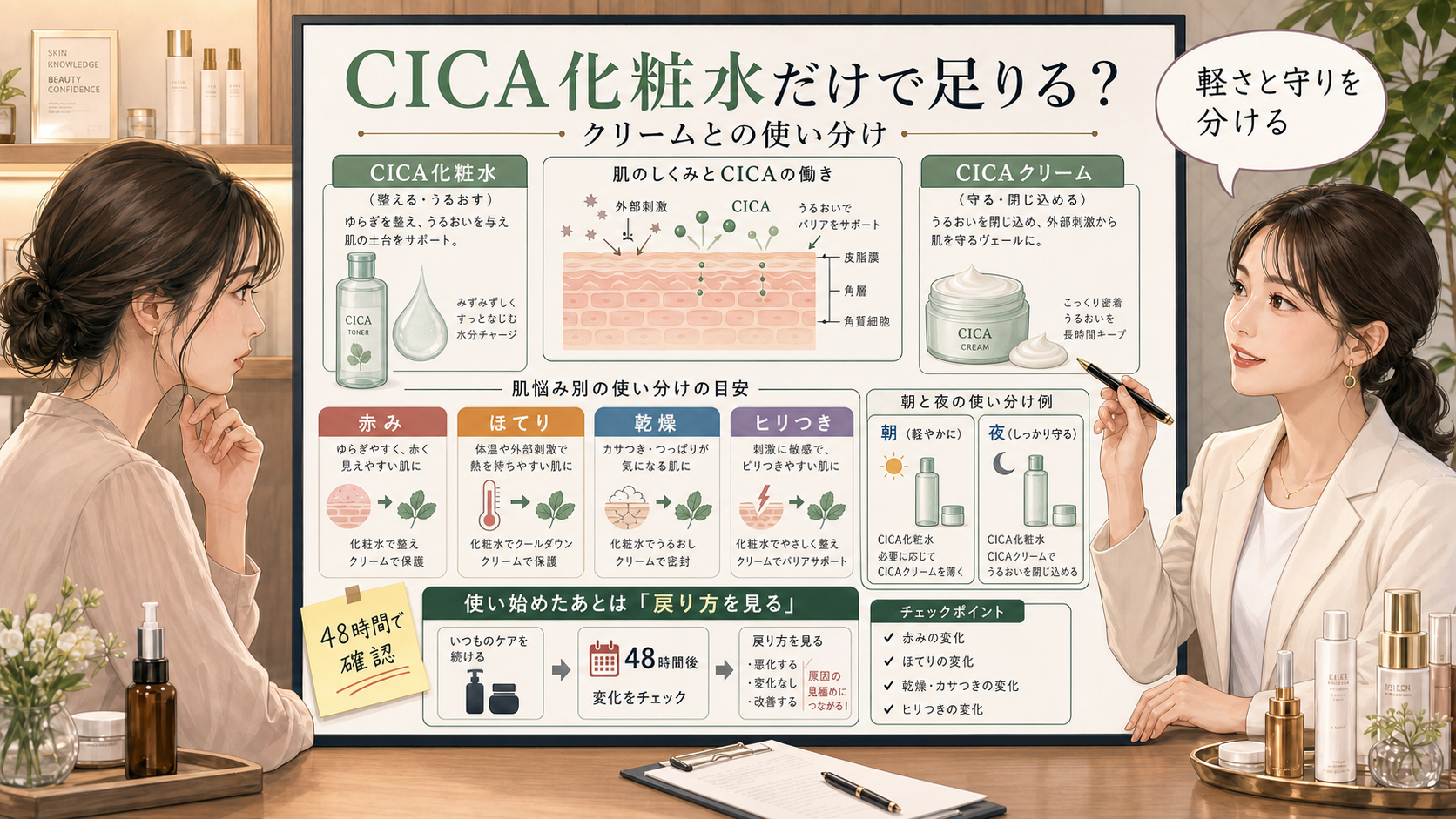 CICA化粧水とCICAクリームの使い分け、赤み、ほてり、乾燥、ヒリつき、48時間後の戻り方を相談ボードで整理する女性と美容アドバイザーのイラスト