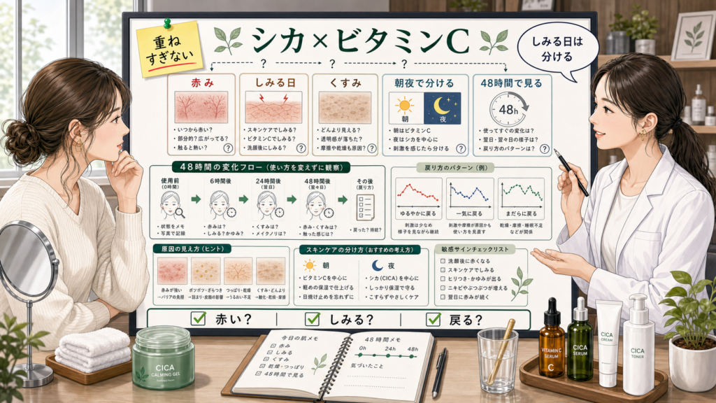 シカとビタミンCの併用を赤み・しみる日・朝夜分け・48時間で見る相談ボード