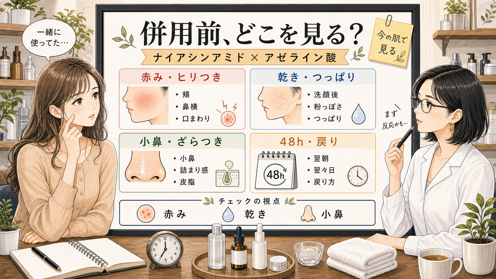 ナイアシンアミドとアゼライン酸の併用を敏感肌の赤みと小鼻で整理する美容相談アイキャッチ
