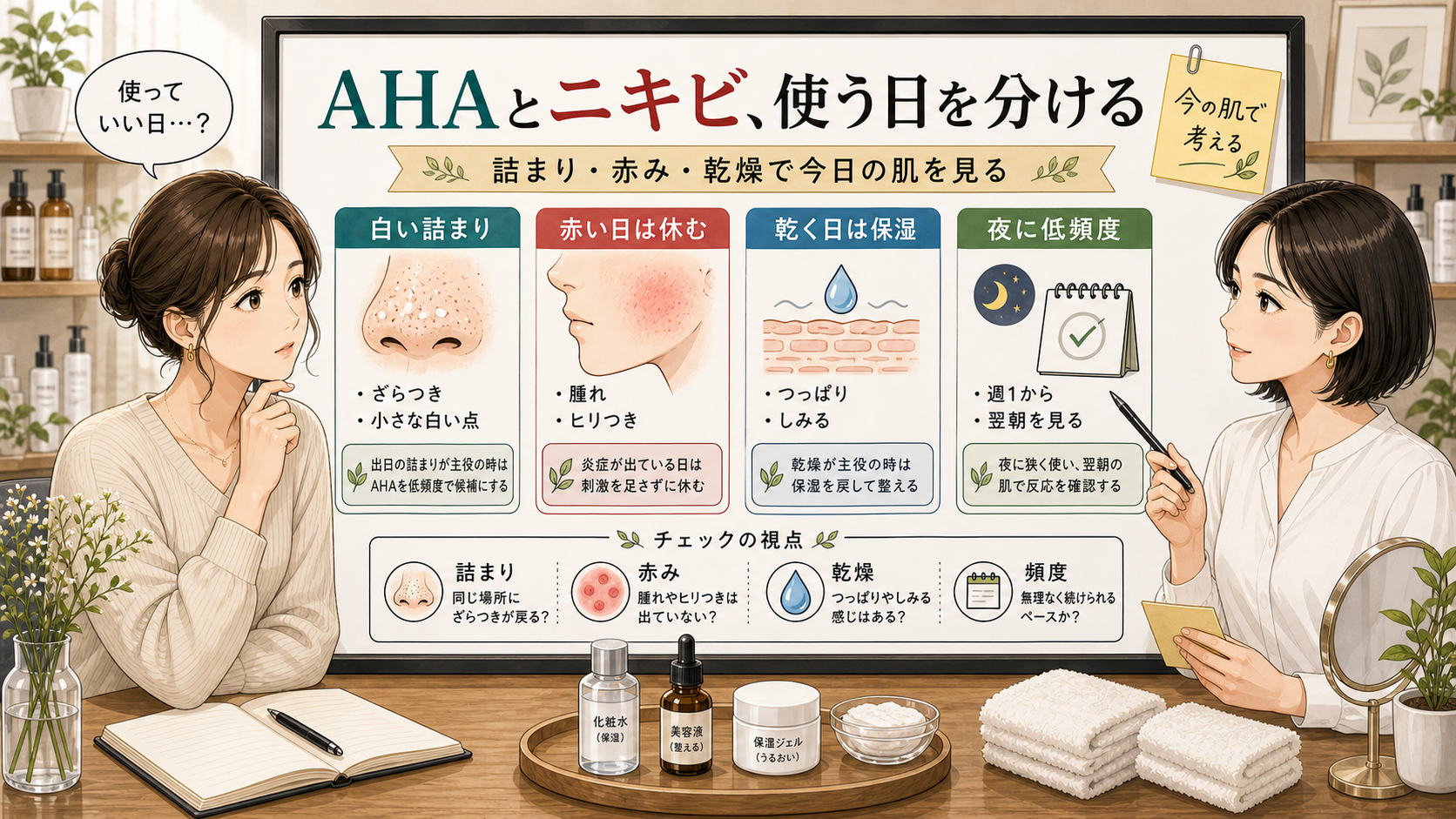 AHAをニキビ肌に使う日と休む日を白い詰まり・赤み・乾燥・低頻度で整理する美容相談ボード