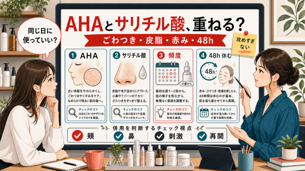 AHAとサリチル酸の併用を頬のごわつき、小鼻の皮脂、刺激、48時間の休ませ方で整理する相談ボード