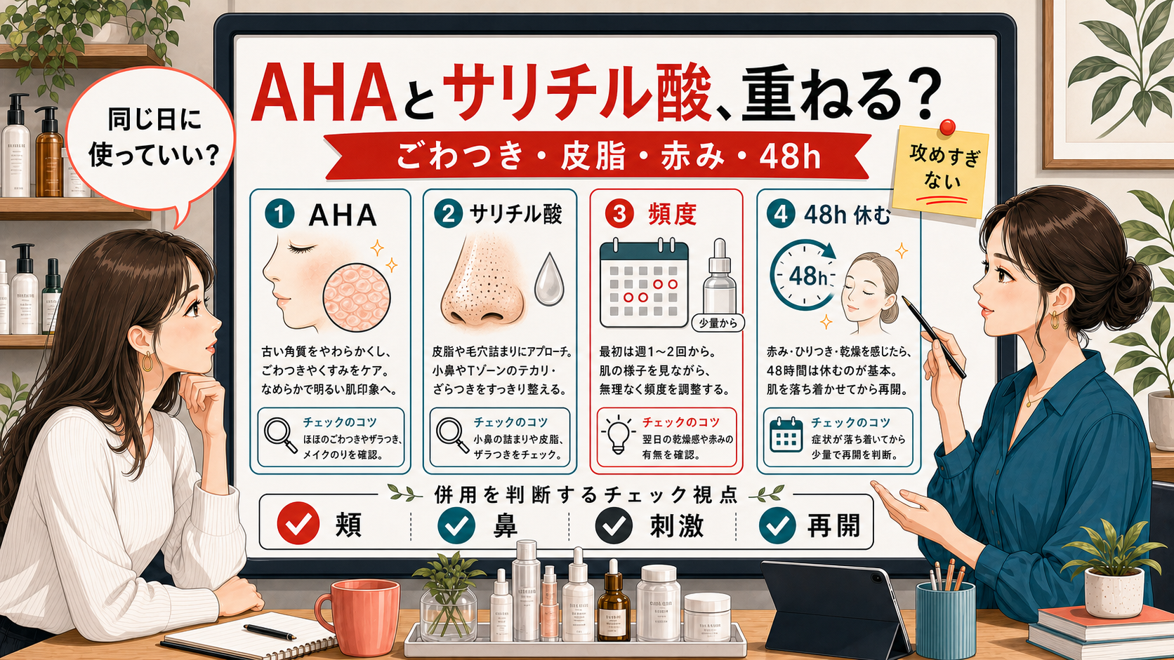 AHAとサリチル酸の併用を頬のごわつき、小鼻の皮脂、刺激、48時間の休ませ方で整理する相談ボード