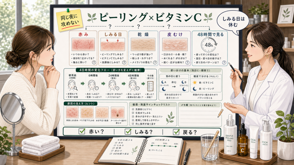 ピーリング後のビタミンC併用を赤み・しみる日・乾燥・皮むけ・48時間で見る相談ボード