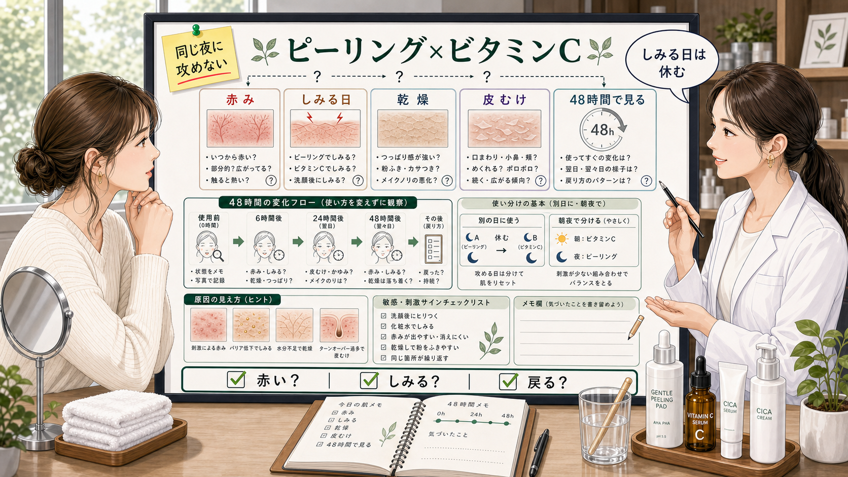 ピーリング後のビタミンC併用を赤み・しみる日・乾燥・皮むけ・48時間で見る相談ボード