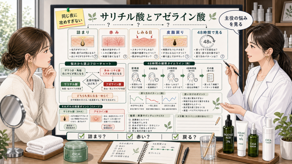 サリチル酸とアゼライン酸の違いを詰まり・赤み・しみる日・48時間で見る相談ボード
