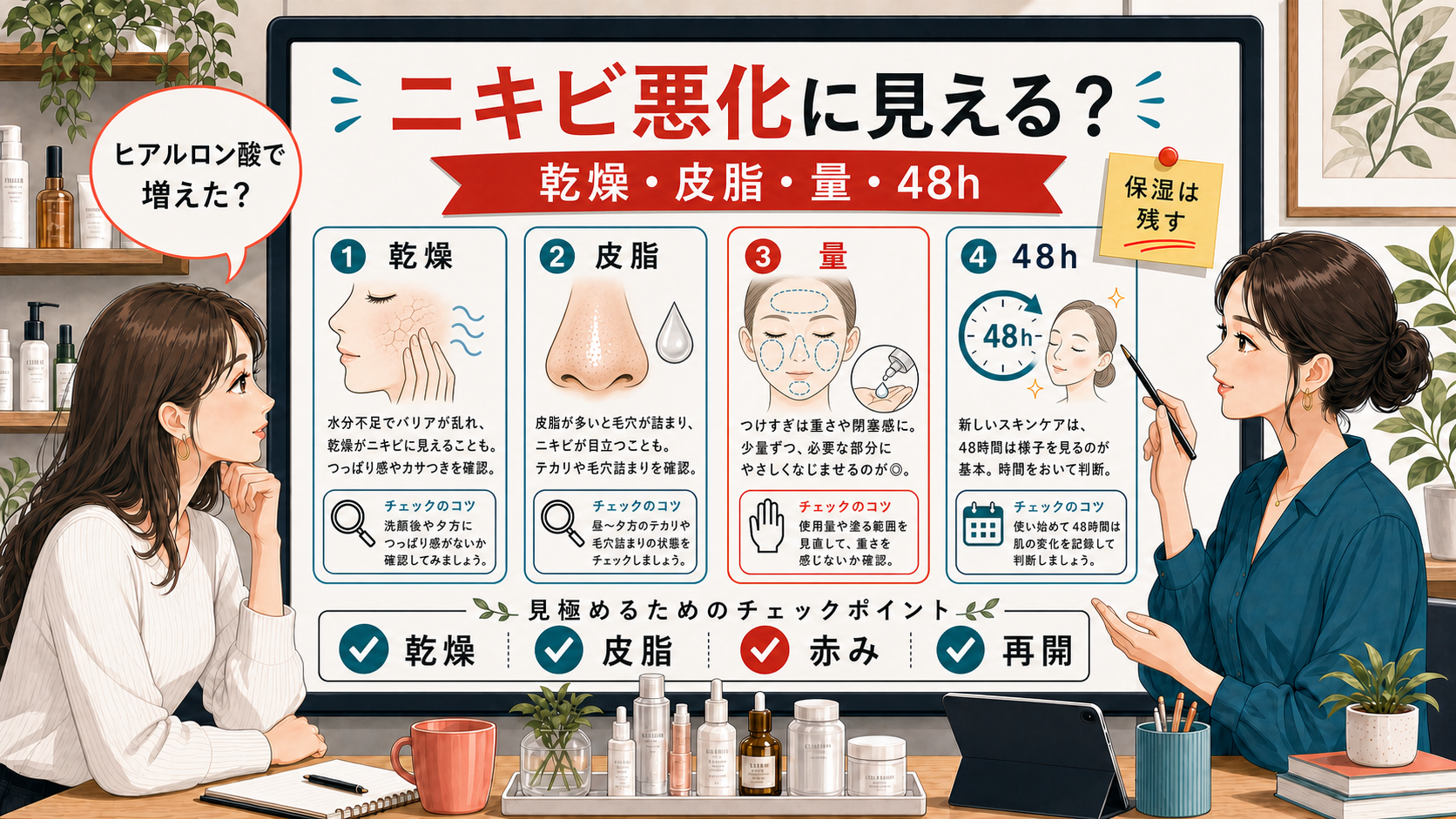 ヒアルロン酸でニキビ悪化に見える時の原因を乾燥、皮脂、量、赤み、48時間の観察で整理する相談ボード