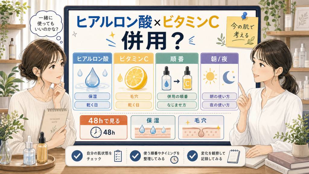 ヒアルロン酸とビタミンCの併用を順番、朝夜、乾く日で分ける診断ボードのアイキャッチ
