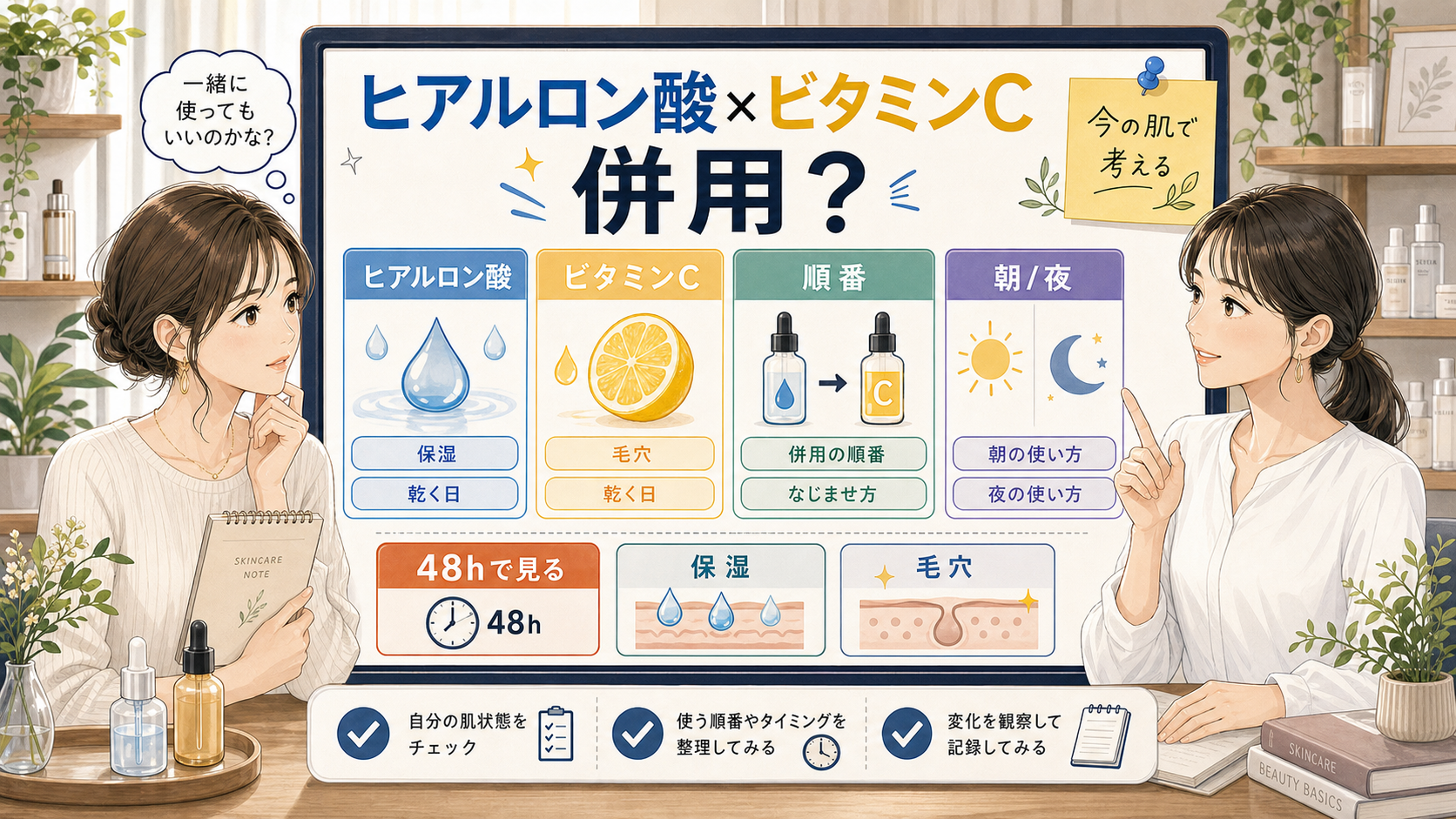 ヒアルロン酸とビタミンCの併用を順番、朝夜、乾く日で分ける診断ボードのアイキャッチ