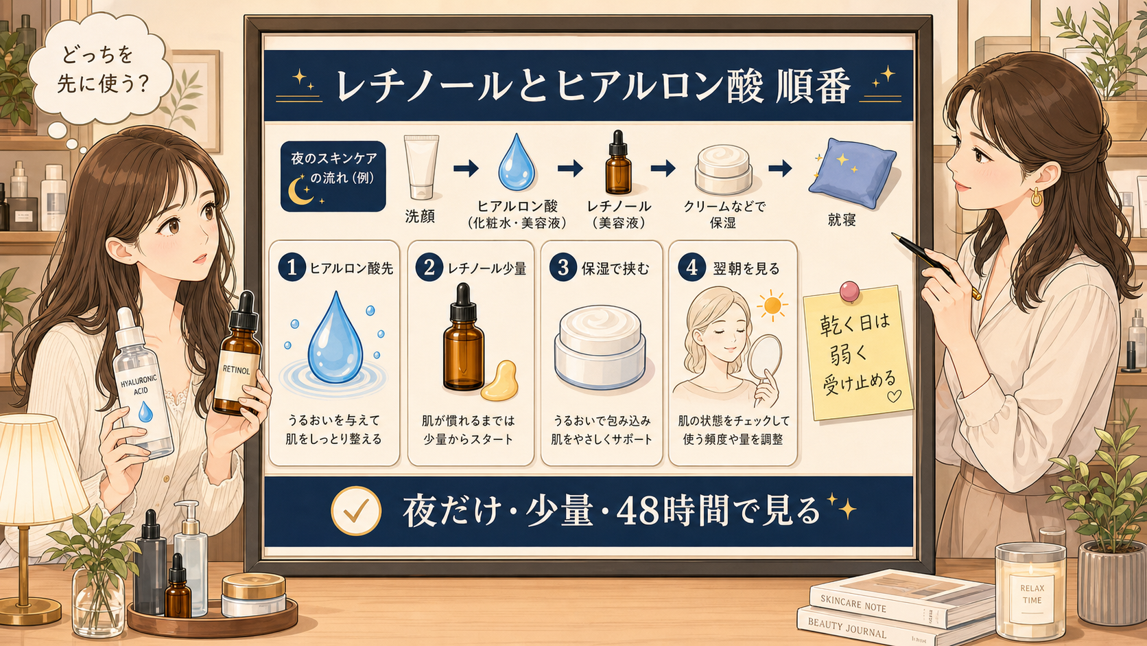 レチノールとヒアルロン酸の順番を夜ケアの流れで整理するChocobraイラスト相談ボード