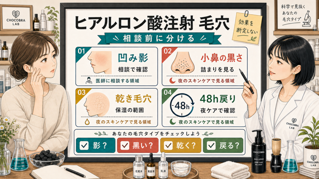 ヒアルロン酸注射と毛穴の関係を相談前に分ける1433調ボード