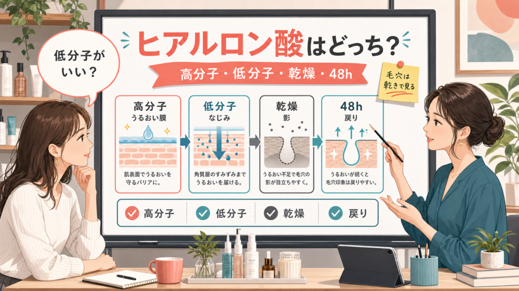 高分子と低分子ヒアルロン酸を毛穴の乾燥と48時間の戻りで見分ける図解