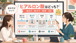 高分子と低分子ヒアルロン酸を毛穴の乾燥と48時間の戻りで見分ける図解