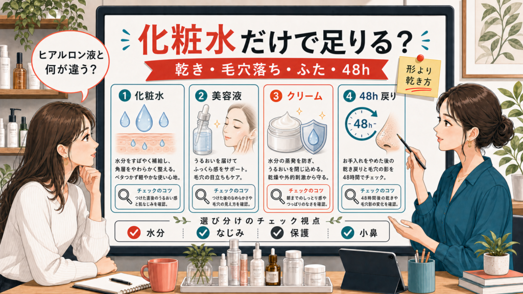 ヒアルロン酸化粧水、美容液、クリーム、ヒアルロン液の違いを乾き、毛穴落ち、保護、48時間の戻り方で整理する相談ボード