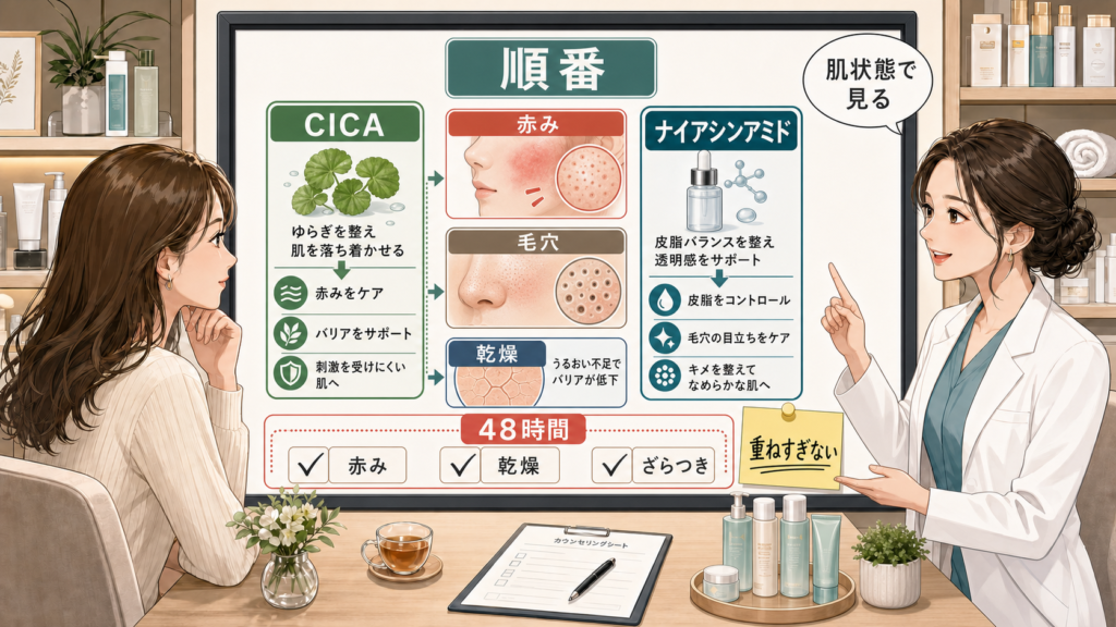 CICAとナイアシンアミドの順番を赤みや毛穴の状態で整理する相談ボード