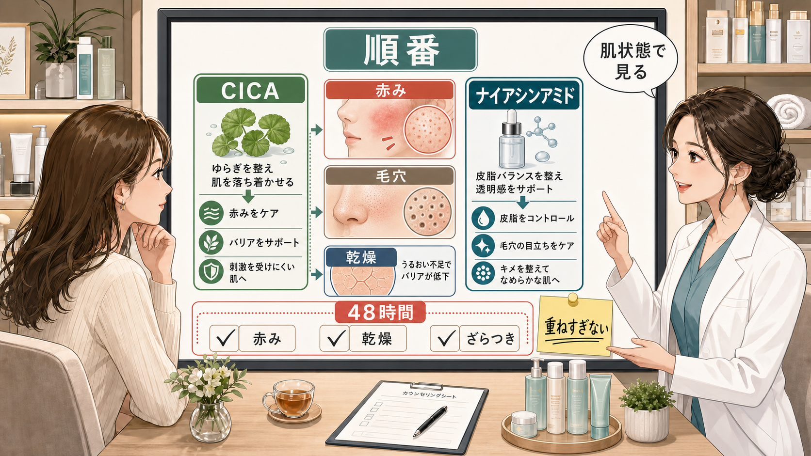 CICAとナイアシンアミドの順番を赤みや毛穴の状態で整理する相談ボード
