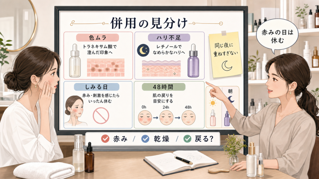 トラネキサム酸レチノール併用を色ムラ・ハリ不足・しみる日・48時間で見る相談ボード
