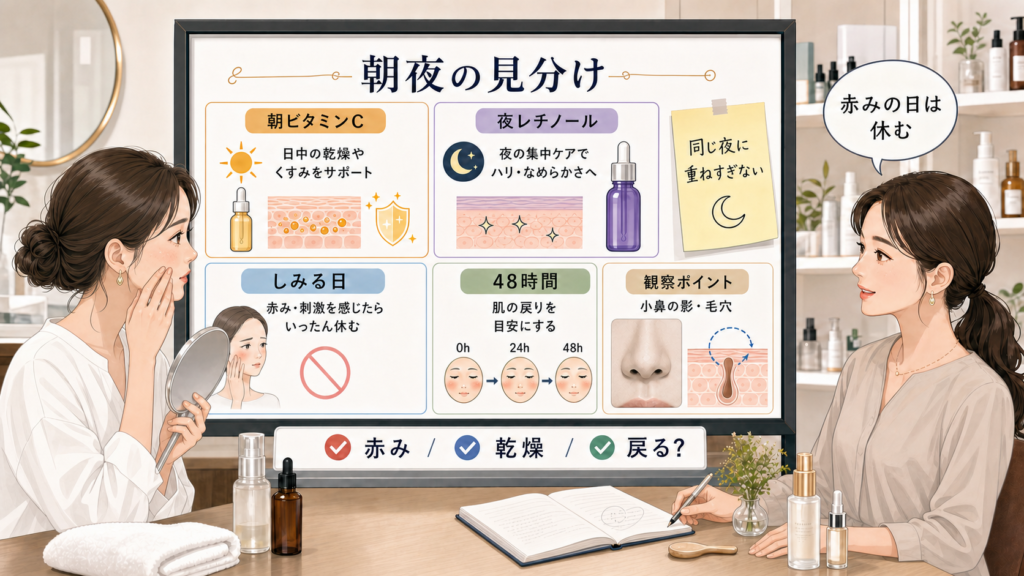 ビタミンCレチノール併用を朝夜・しみる日・48時間で見る相談ボード。右手を自然な机上の姿勢に修正