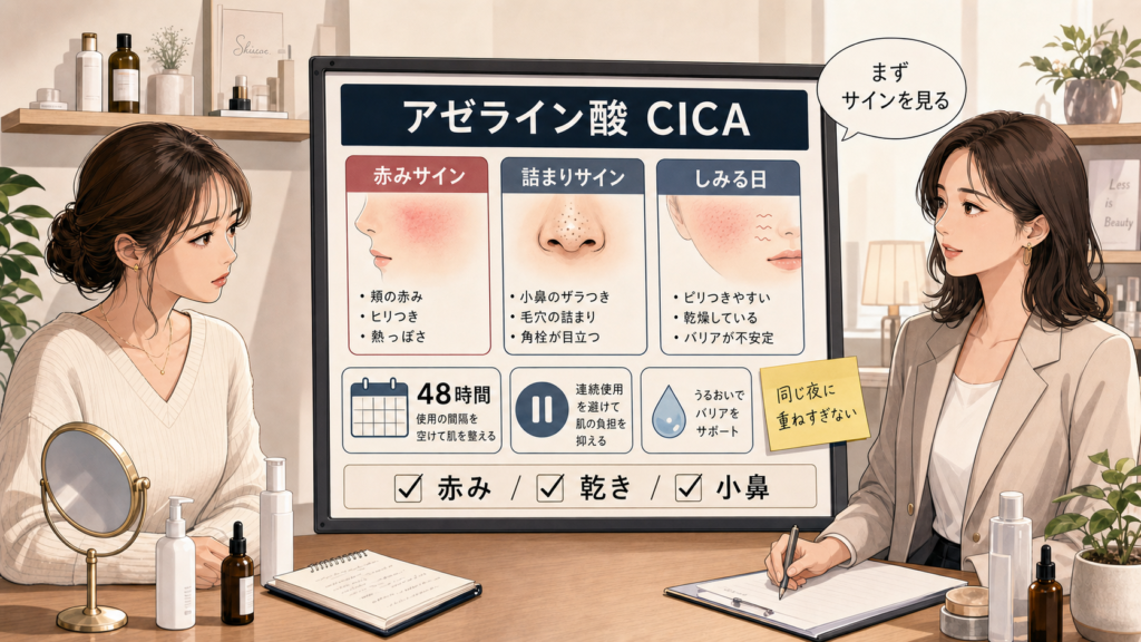 アゼライン酸とCICAの併用を赤み・詰まり・しみる日で整理する美容相談ボード