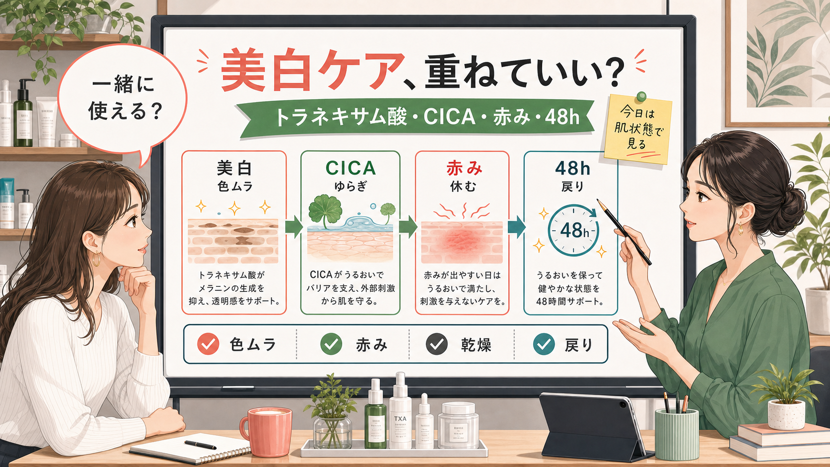 トラネキサム酸の美白化粧品とCICAを赤みや乾燥と48時間の戻りで見分ける図解